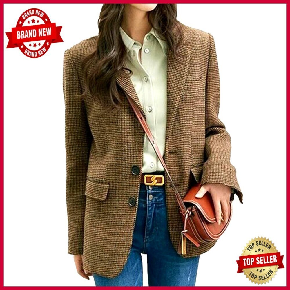 Wool Blend Blazer Jacket Single Breasted Lapel Plaid Business Work Coat